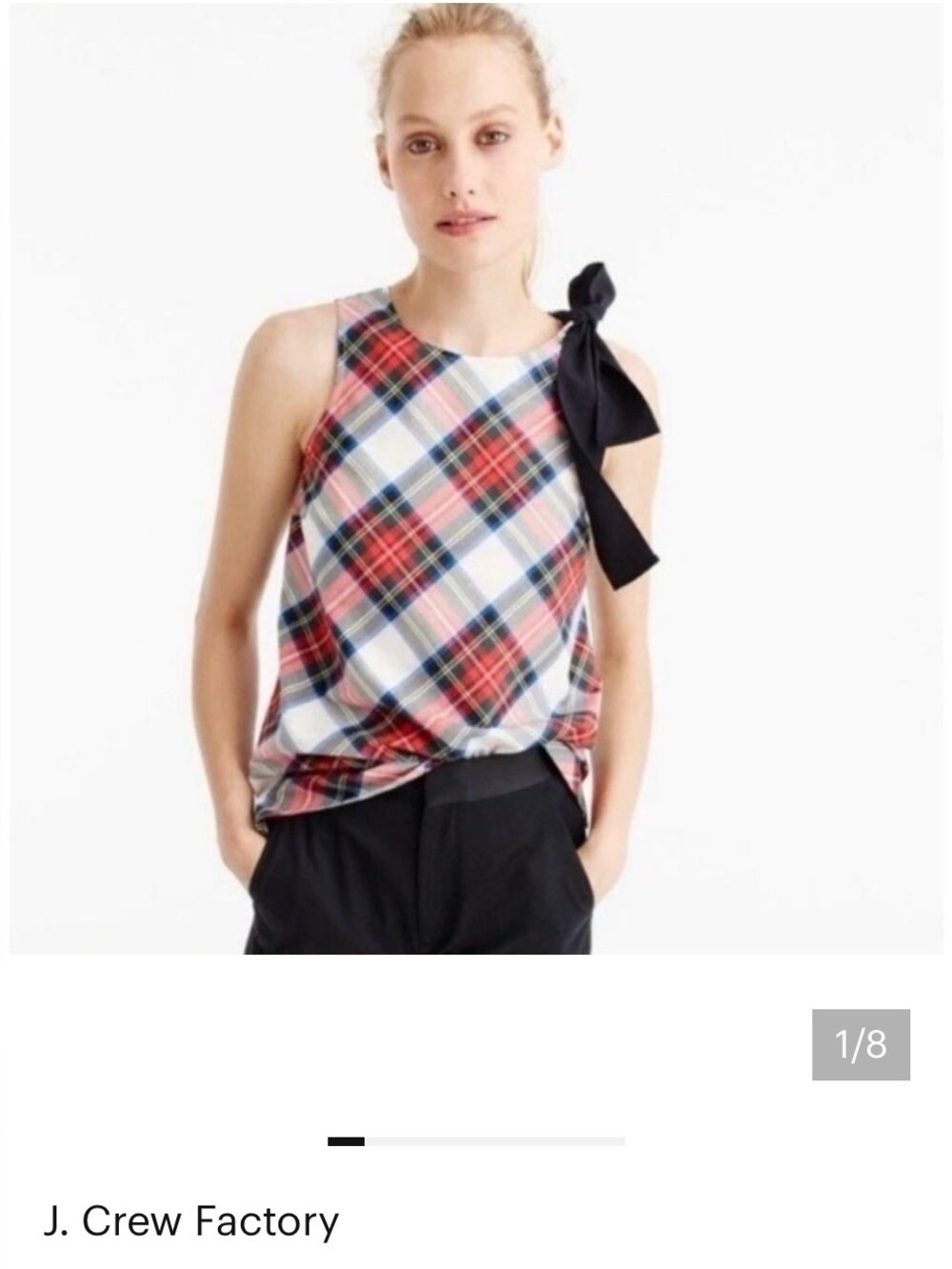 J. Crew Tartan Plaid Sleeveless Top Black Bow Tie-Shoulder Size 10